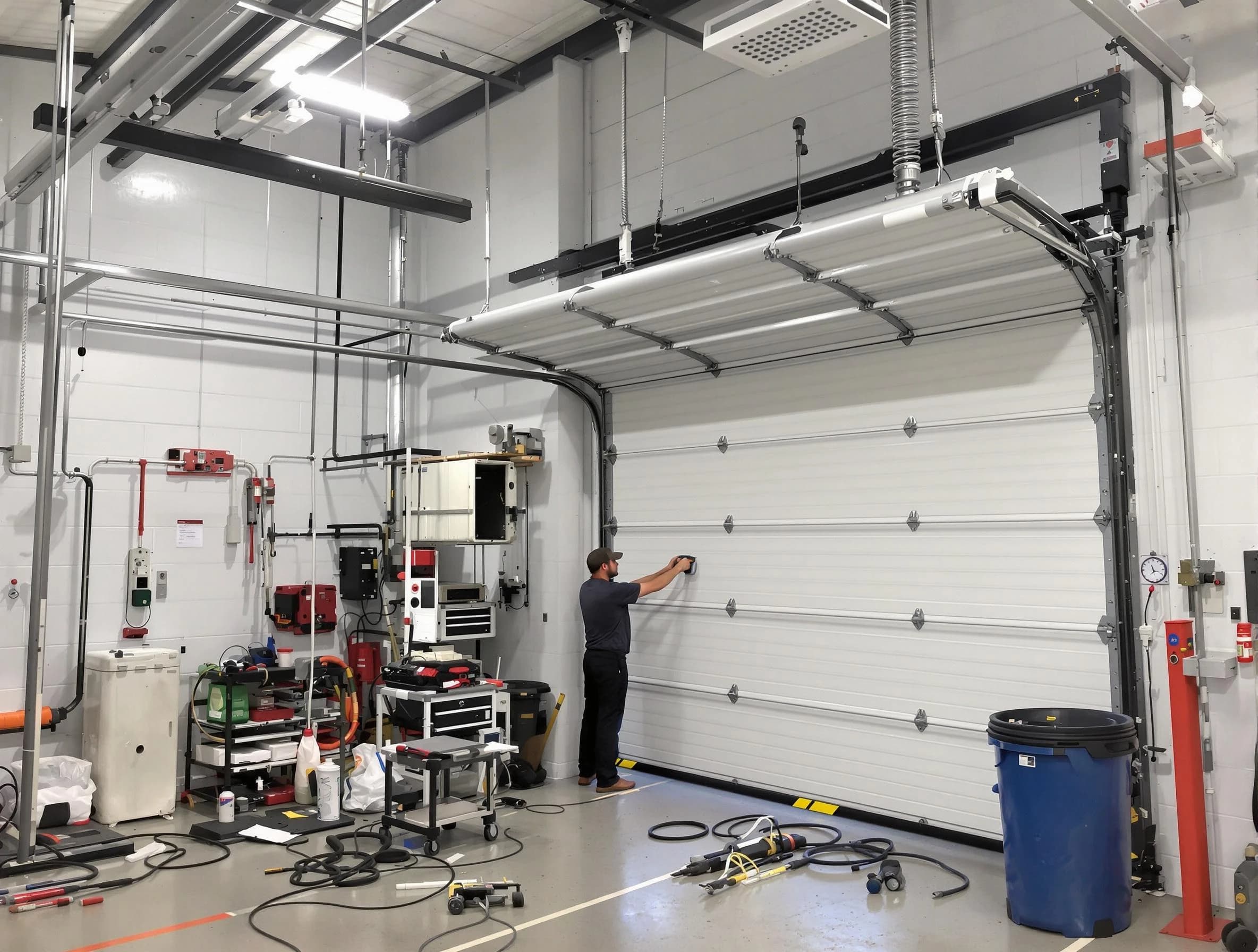 Rio Rancho Garage Door Repair certified technician performing commercial door repair at a Rio Rancho business facility