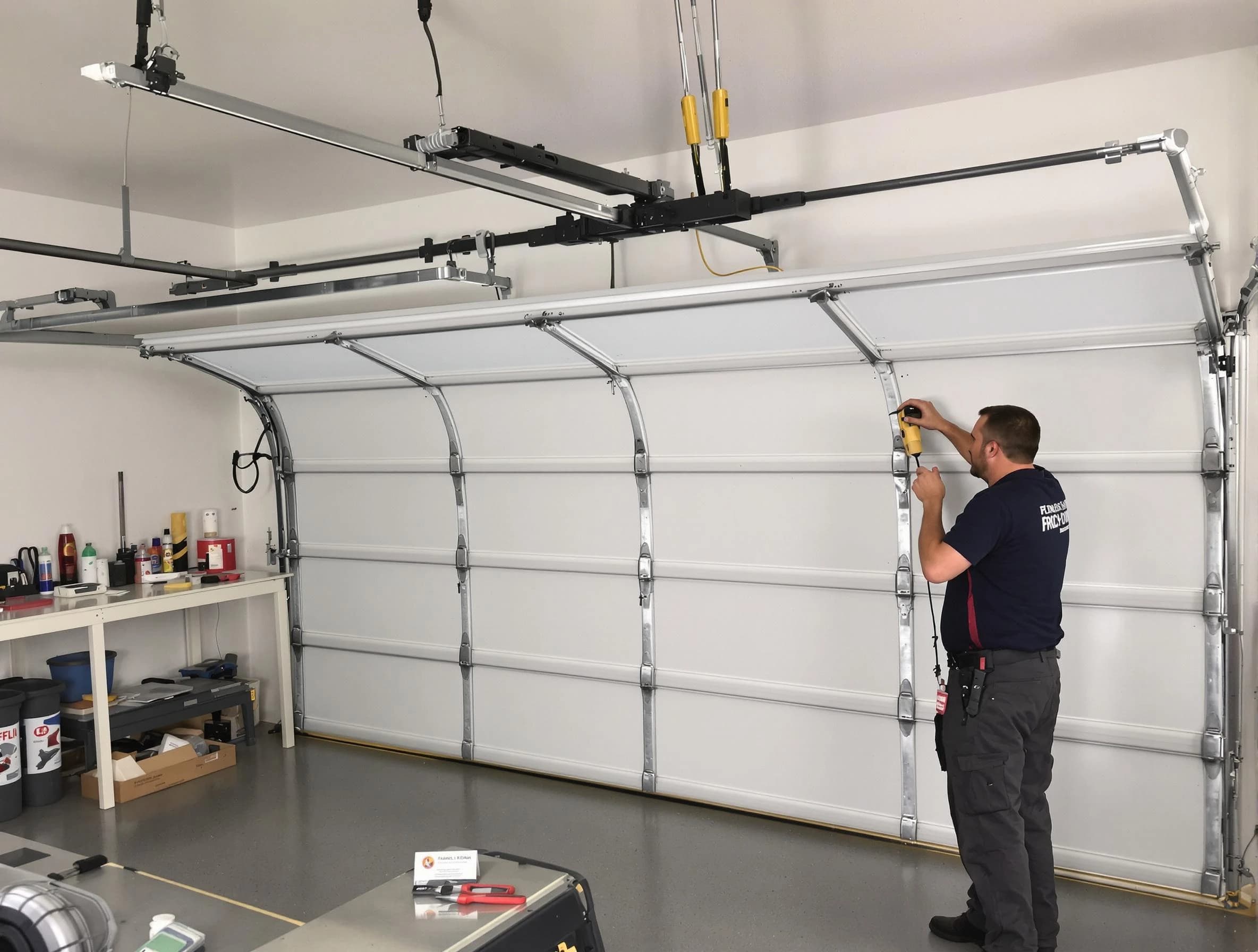 Rio Rancho Garage Door Repair certified technician performing overhead door system repair in Rio Rancho
