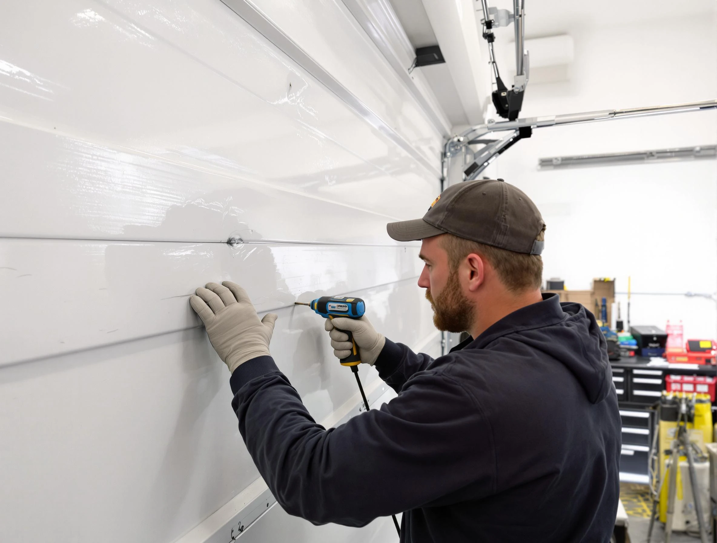 Rio Rancho Garage Door Repair technician demonstrating precision dent removal techniques on a Rio Rancho garage door