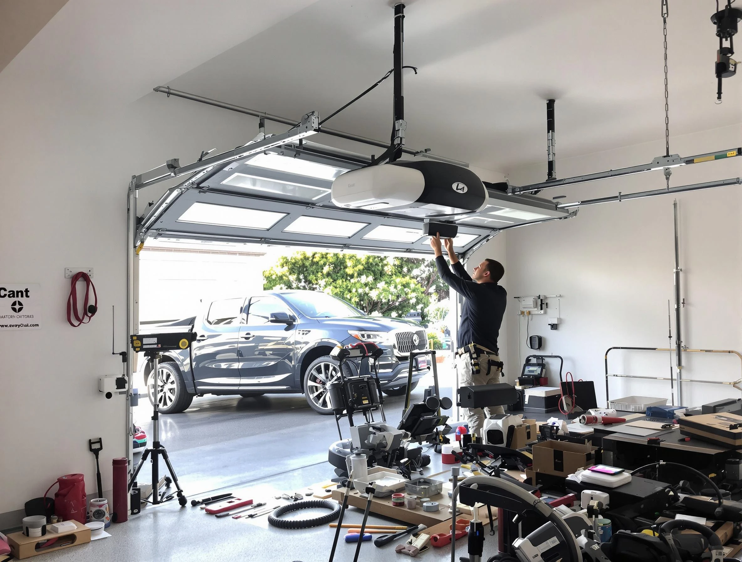 Rio Rancho Garage Door Repair specialist installing smart garage door opener system in Rio Rancho home